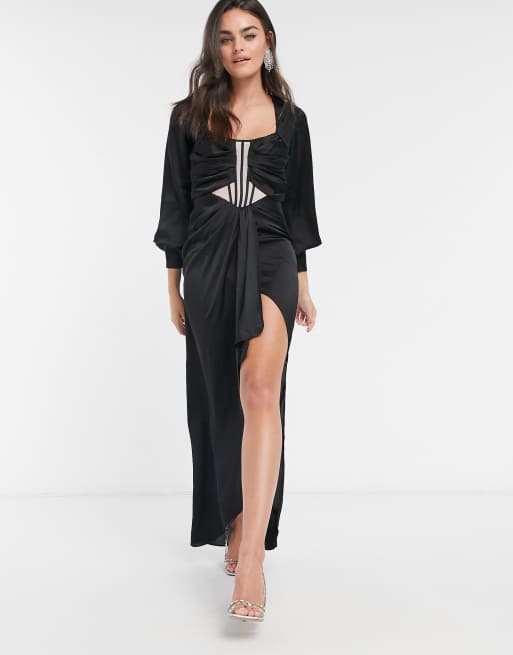 ASOS DESIGN - Vestito midi con maniche a sbuffo, dettaglio a corsetto trasparente e gonna drappeggiata