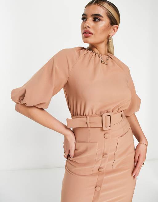 ASOS DESIGN - Vestito midi con maniche a sbuffo e bottoni color cammello con cintura, 2 di 4