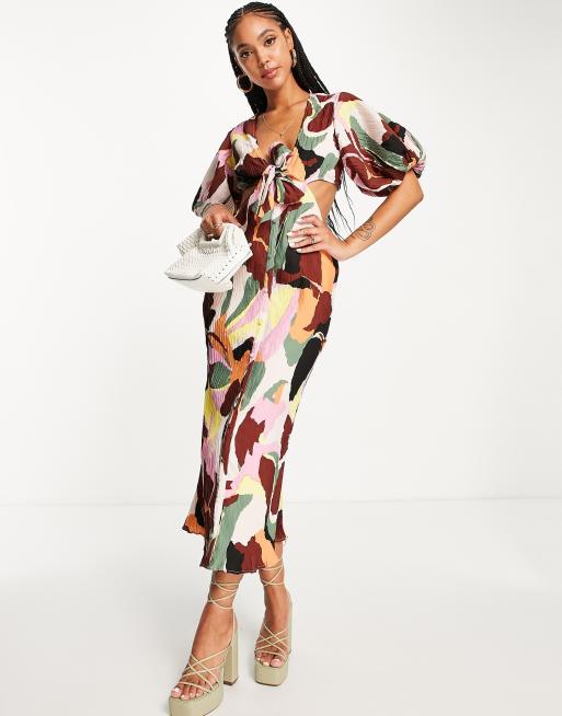 ASOS DESIGN - Vestito midi con maniche a sbuffo plissé a portafoglio con stampa astratta colorblock