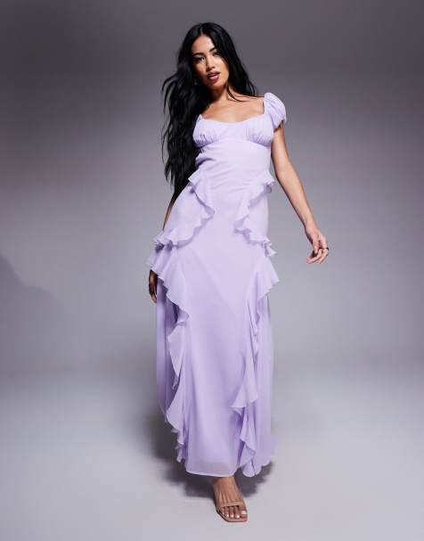 ASOS DESIGN - Vestito midi con maniche arricciate e volant lilla - view 1
