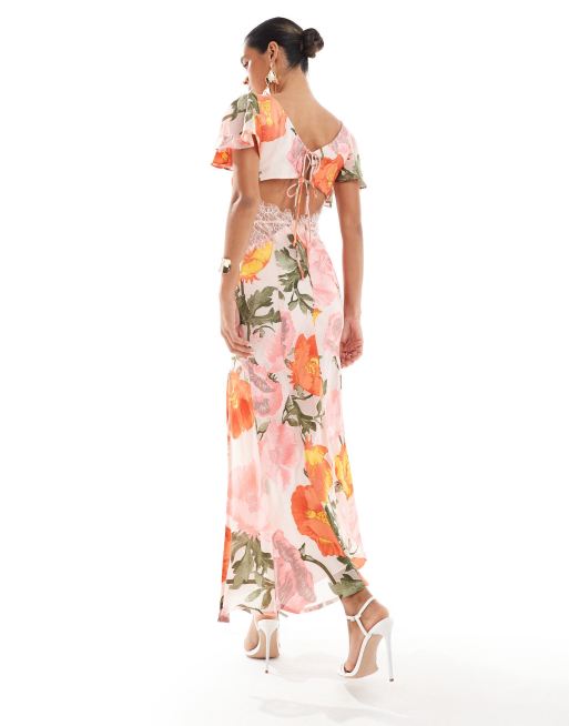 ASOS DESIGN - Vestito midi con maniche con volant e inserti in pizzo a fiori dévoré, 2 di 4