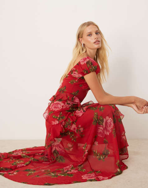 ASOS DESIGN - Vestito midi con maniche raccolte e volant rosso a fiori - view 1