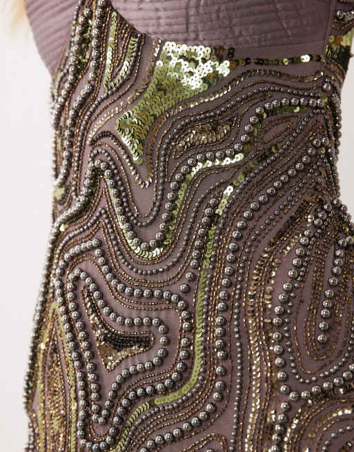 ASOS DESIGN vestito midi con perline metallizzate e bustino in raso color antracite, 4 di 4