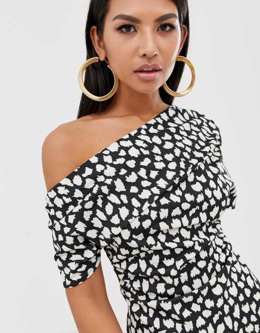 ASOS DESIGN - Vestito midi con pieghe sulle spalle nero e bianco a pois, 3 di 4