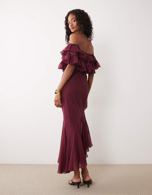 ASOS DESIGN vestito midi con pizzo misto, scollo Bardot, spalle scoperte e volant, bordeaux, 4 di 4