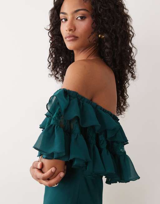 ASOS DESIGN vestito midi con pizzo, scollo Bardot e volant, color teal, 3 di 4