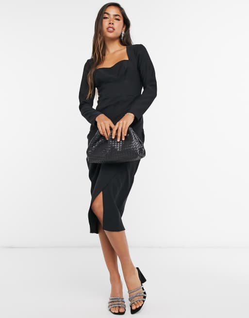 ASOS DESIGN - Vestito midi con scollo a cuore e gonna a portafoglio con ruches nero