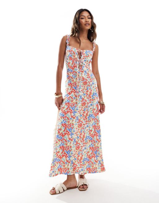 ASOS DESIGN - Vestito midi con scollo a cuore e volant sulle spalline con stampa a fiorellini