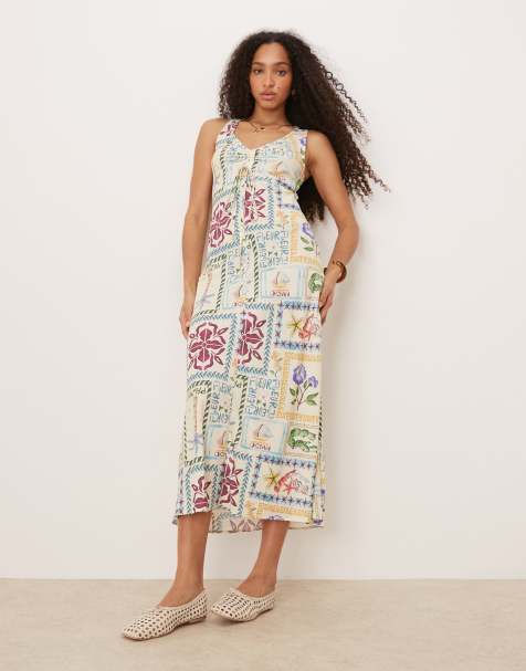 ASOS DESIGN - Vestito midi con scollo a V con arricciatura, lacci e stampa effetto cartolina - view 1