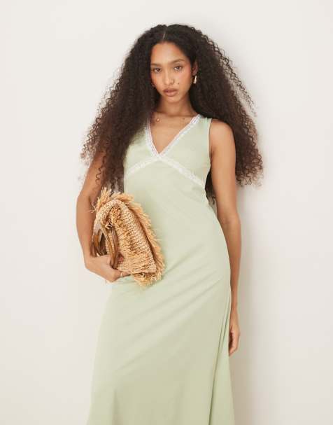 ASOS DESIGN - Vestito midi con scollo a V e inserti in pizzo verde salvia - view 1