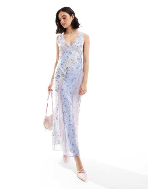 ASOS DESIGN - Vestito midi con scollo a V e stampa a fiori combinata con inserti in pizzo asimmetrici