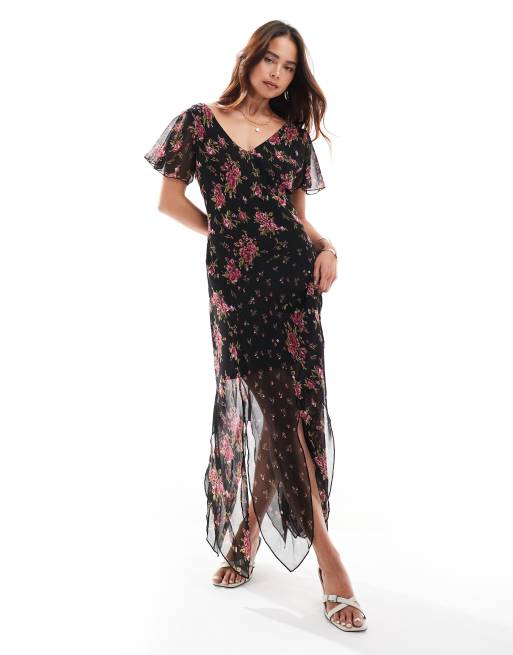 ASOS DESIGN - Vestito midi con scollo a V nero a fiori