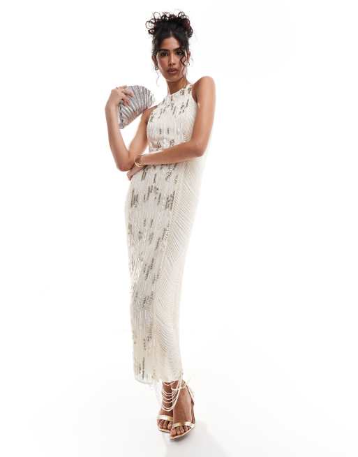 ASOS DESIGN - Vestito midi con scollo a vogatore color pietra con decorazioni e frange