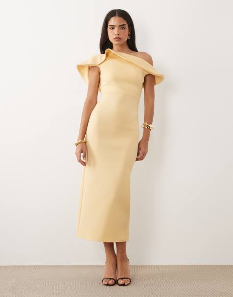 ASOS DESIGN - Vestito midi con scollo alla Bardot attorcigliato in tessuto scuba giallo burro - view 1