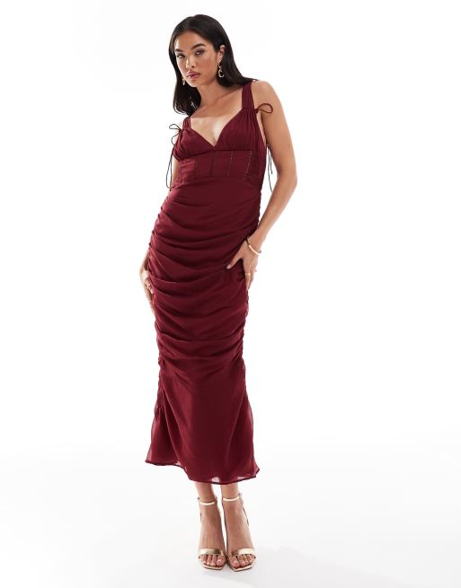 ASOS DESIGN - Vestito midi con scollo milkmaid arricciato ai lati bordeaux con inserti in pizzo