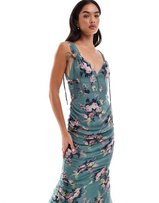 ASOS DESIGN - Vestito midi con scollo milkmaid arricciato ai lati con stampa a fiori e inserti in pizzo