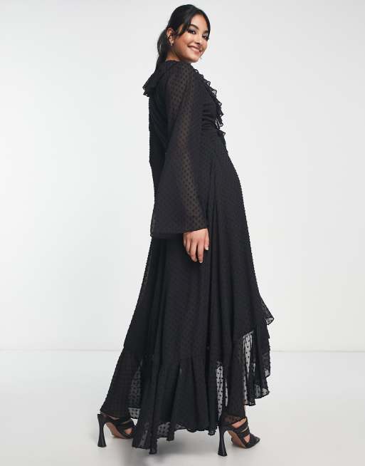 ASOS DESIGN - Vestito midi con scollo profondo con corsetto e volant nero, 2 di 4