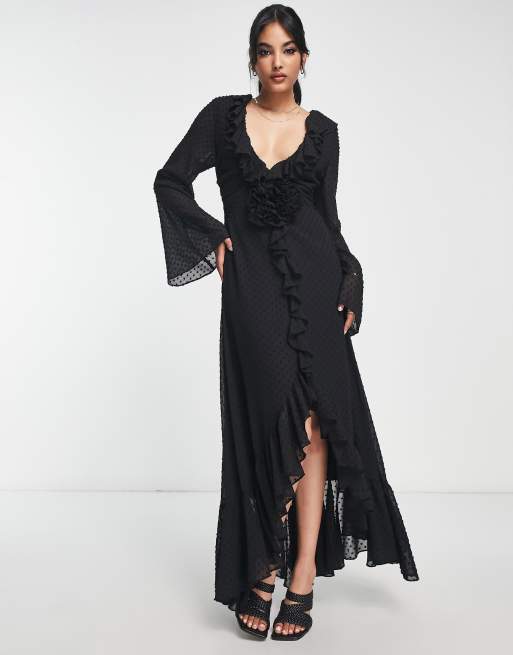 ASOS DESIGN - Vestito midi con scollo profondo con corsetto e volant nero, 4 di 4