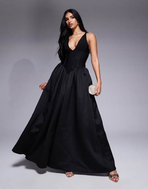 ASOS DESIGN - Vestito midi con scollo profondo fasciante e gonna a ruota nero in misto tessuto scuba