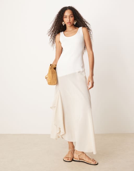 ASOS DESIGN - Vestito midi con scollo rotondo a coste e in cupro avorio e bianco