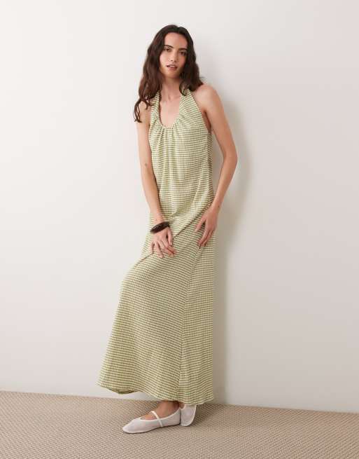 ASOS DESIGN vestito midi con scollo rotondo all'americana in quadretti oliva e bianco, 2 di 4