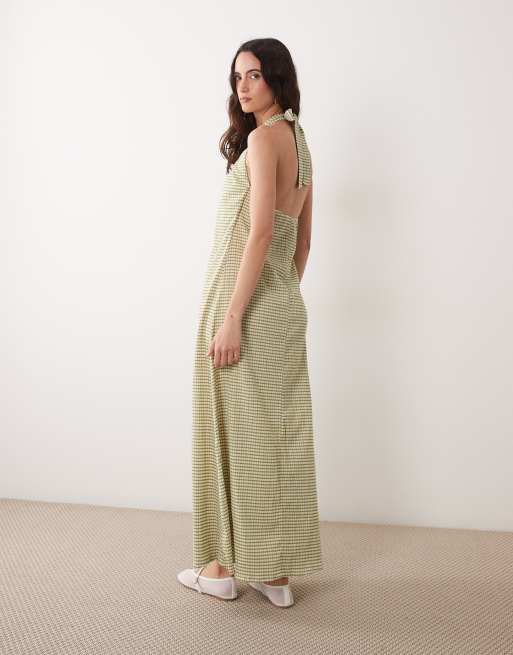 ASOS DESIGN vestito midi con scollo rotondo all'americana in quadretti oliva e bianco, 4 di 4