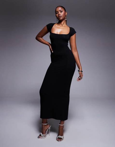 ASOS DESIGN - Vestito midi con scollo rotondo ampio nero con dettaglio sotto il bustino e maniche ad aletta - view 1