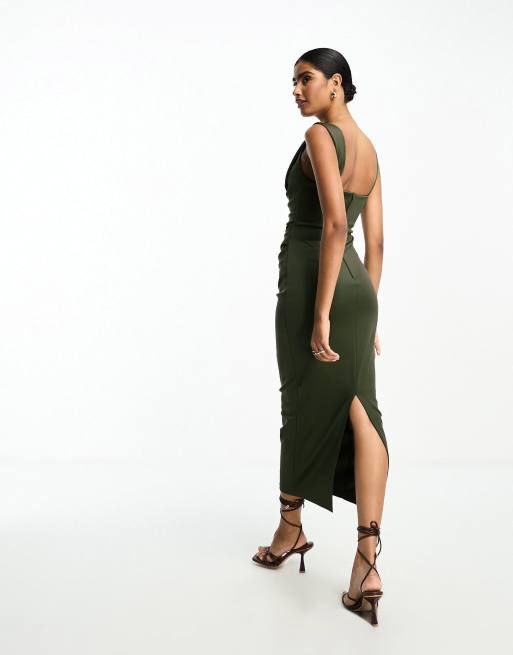 ASOS DESIGN - Vestito midi con scollo squadrato drappeggiato e corpino a pieghe verde scuro, 3 di 4