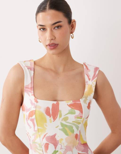 ASOS DESIGN - Vestito midi con scollo squadrato e cuciture a fiori astratti, 3 di 4