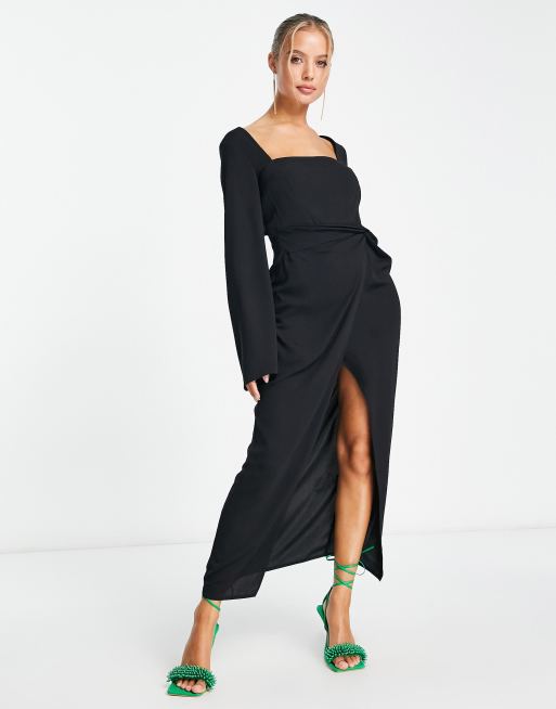 ASOS DESIGN - Vestito midi con scollo squadrato e maniche svasate con nodo nero , 3 di 4
