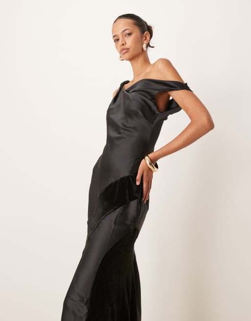 ASOS DESIGN - Vestito midi con spalla scoperta attorcigliata nero in velluto e raso, 3 di 4