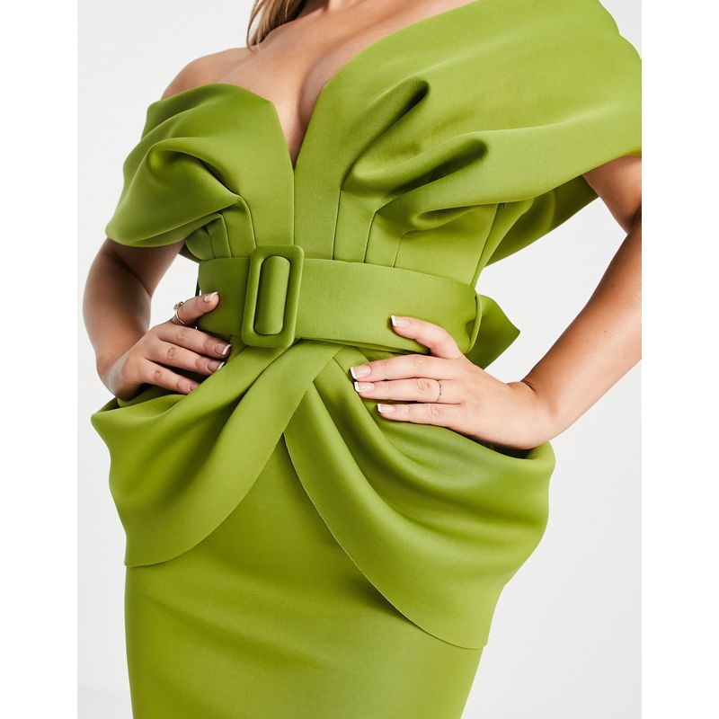 Vestiti da sera Vestiti DESIGN - Vestito midi con spalle drappeggiate color oliva con cintura