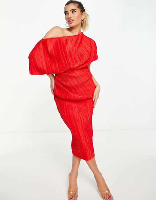 ASOS DESIGN - Vestito midi con spalle scivolate in plissé rosso fiammante