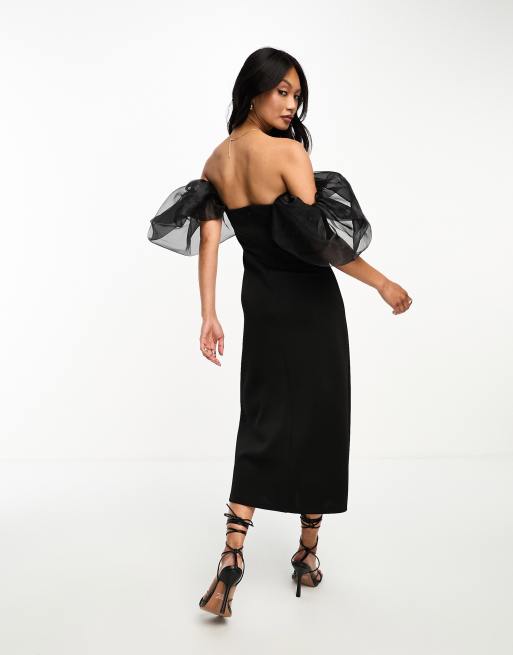 ASOS DESIGN - Vestito midi con spalle scoperte e maniche a sbuffo in organza morbida nero, 2 di 4