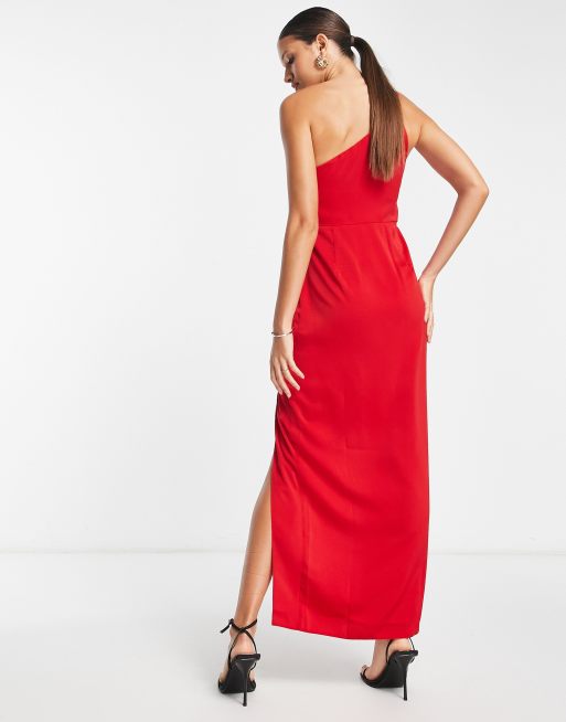 ASOS DESIGN - Vestito midi con spallina sottile singola in raso rosso con spacco , 2 di 4