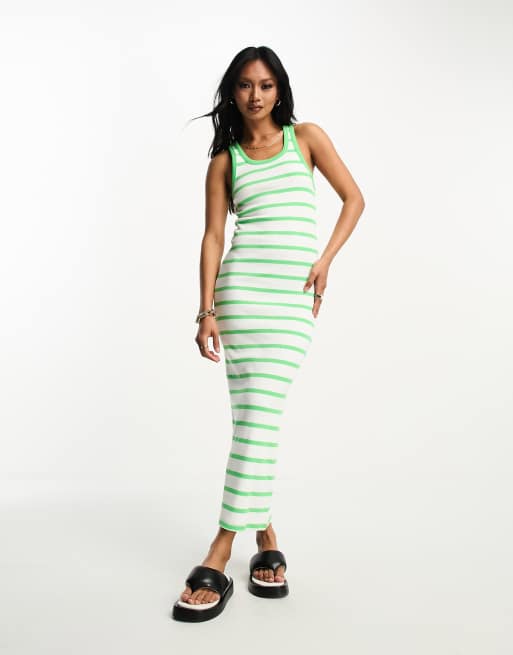 ASOS DESIGN - Vestito midi con spalline sottili a coste con scollo rotondo a righe verdi
