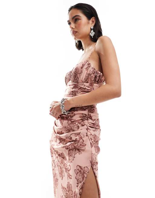 ASOS DESIGN - Vestito midi con spalline sottili color ruggine con stampa a fiori, bustino arricciato e dettaglio raccolto