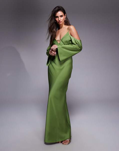 ASOS DESIGN - Vestito midi con spalline sottili e maniche lunghe in raso verde con spalle scivolate - view 1