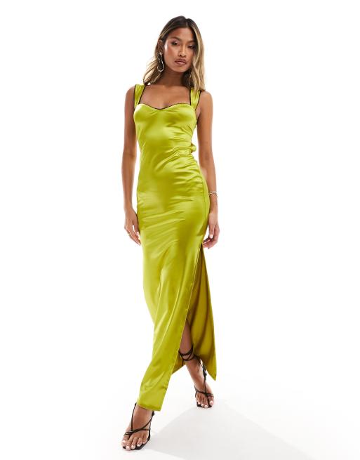 ASOS DESIGN - Vestito midi con spalline sottili e scollo a cuore verde oliva con bordi a contrasto