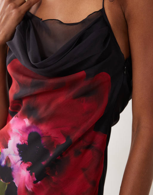 ASOS DESIGN - Vestito midi con spalline sottili e scollo ad anello nero con stampa floreale, 3 di 4