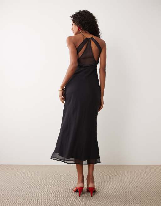 ASOS DESIGN - Vestito midi con spalline sottili e scollo ad anello nero con stampa floreale, 4 di 4