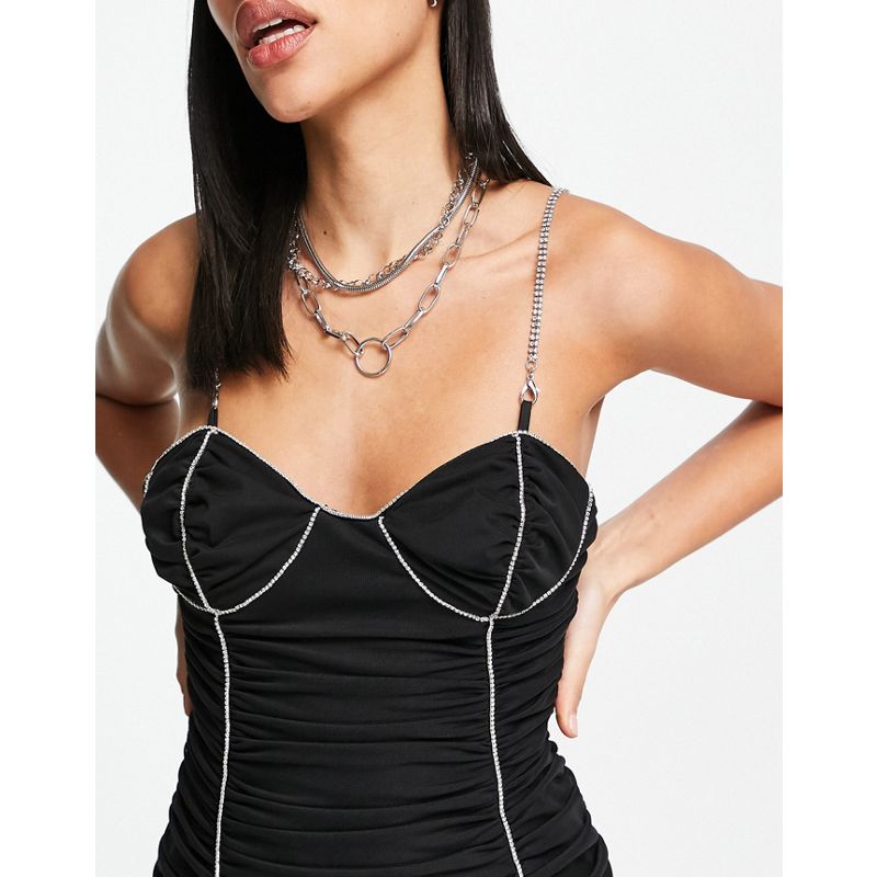 Donna Vestiti DESIGN - Vestito midi con spalline sottili in rete nera con strass
