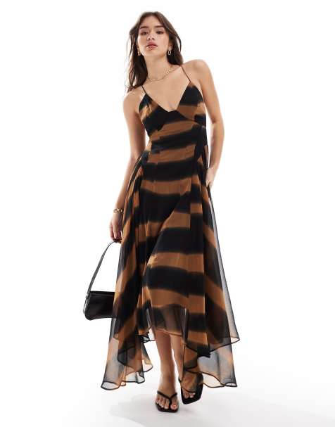 ASOS DESIGN - Vestito midi con spalline sottili, scollo a V e orlo asimmetrico con stampa tie-dye stile grunge - view 1