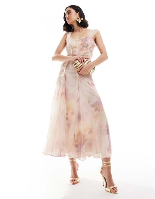 ASOS DESIGN Vestito midi con stampa tenue a fiori, dettaglio