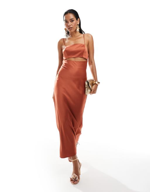 ASOS DESIGN - Vestito midi con taglio in sbieco in raso ruggine