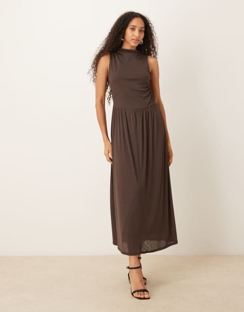 ASOS DESIGN - Vestito midi con vita scesa e maniche asimmetriche marrone - view 1