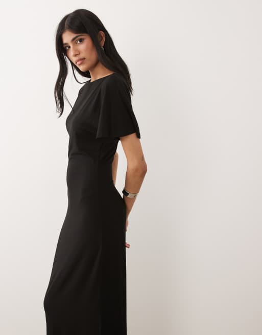 ASOS DESIGN vestito midi con vita stretta, maniche ad angolo e dettaglio sulla schiena a V, nero