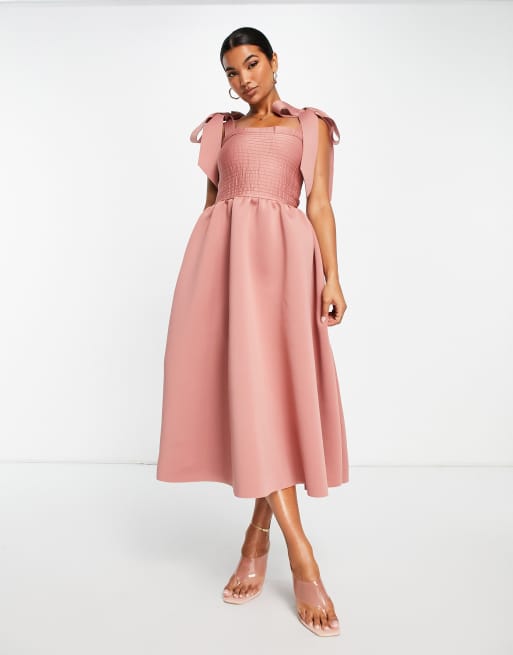 ASOS DESIGN - Vestito midi da ballo di fine anno arricciato con spalline allacciate rosa, 3 di 4