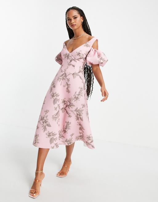 ASOS DESIGN - Vestito midi da ballo di fine anno con spalle scoperte e corsetto con stampa a fiori