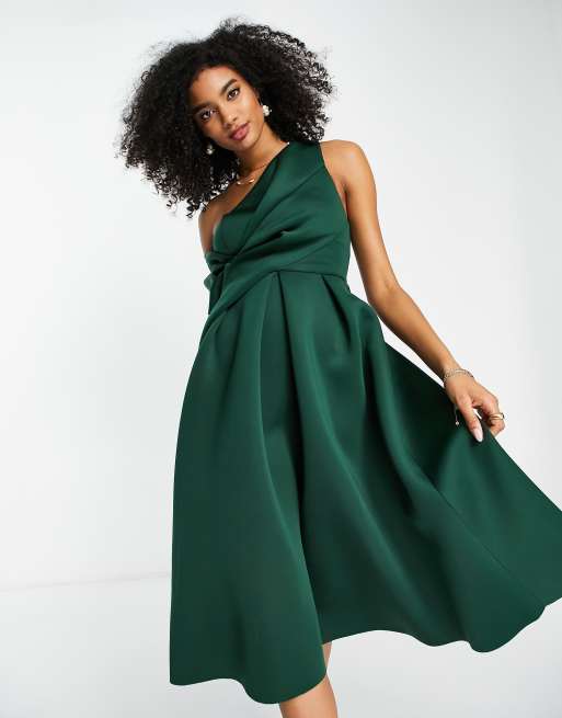 ASOS DESIGN - Vestito midi accollato con spalline imbottite e incrociato  sul davanti verde bosco